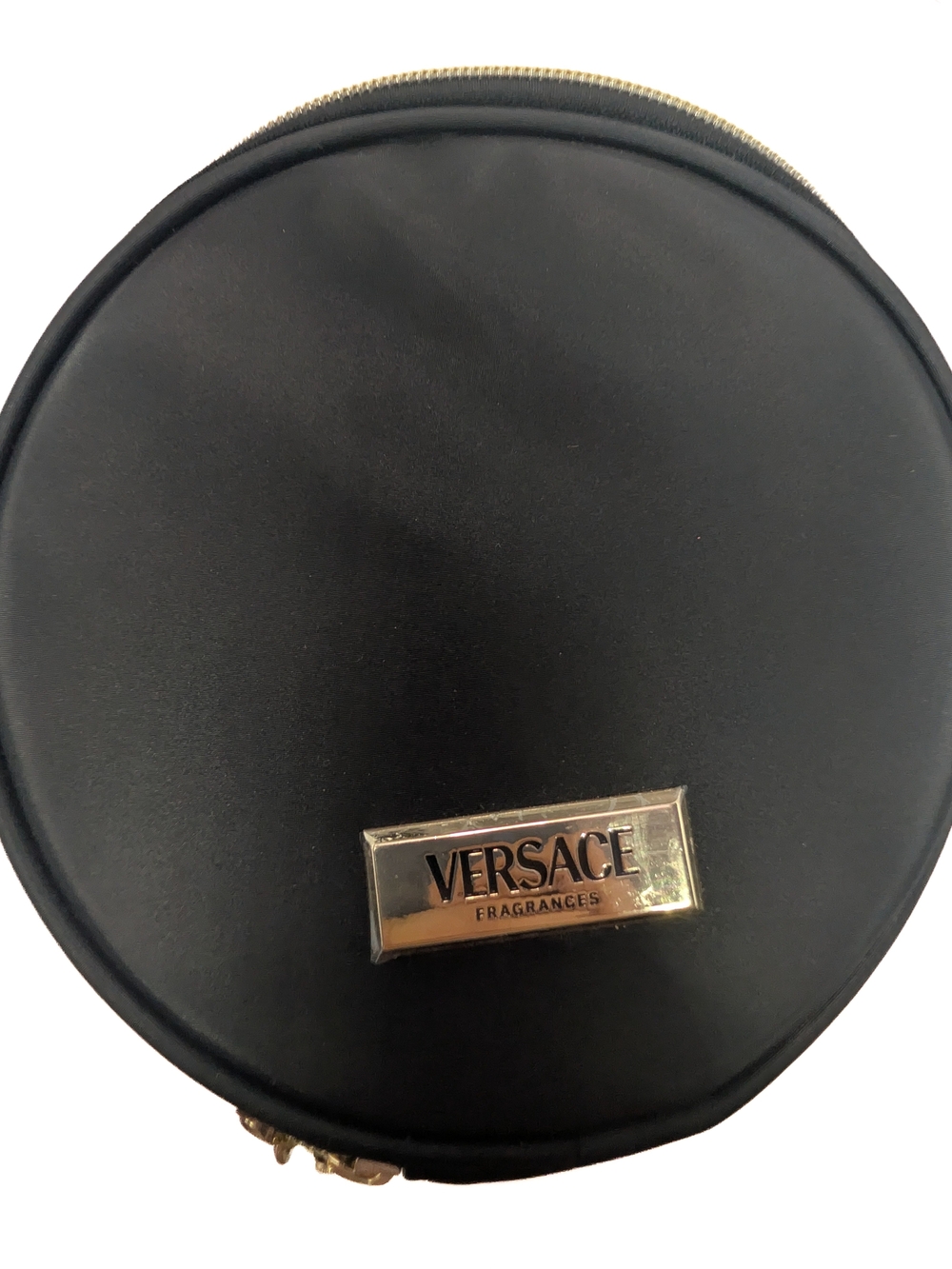 Versace Black Round Zip Phone Case with Gold Logo Plaque Accent